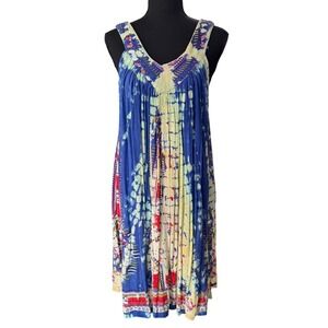 Sacred Threads Tie Dye Viscose Free Size Dress Blue Yellow Bohemian Summer Beach
